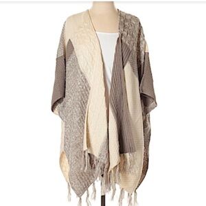 Knox Rose Poncho Cardigan Sweater Knit Cream Brown Neutrals Boho Bohemian